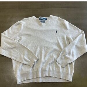 Polo Ralph Lauren Mens Large Gray Pima Cotton V-Neck Sweater Pony Logo Classic